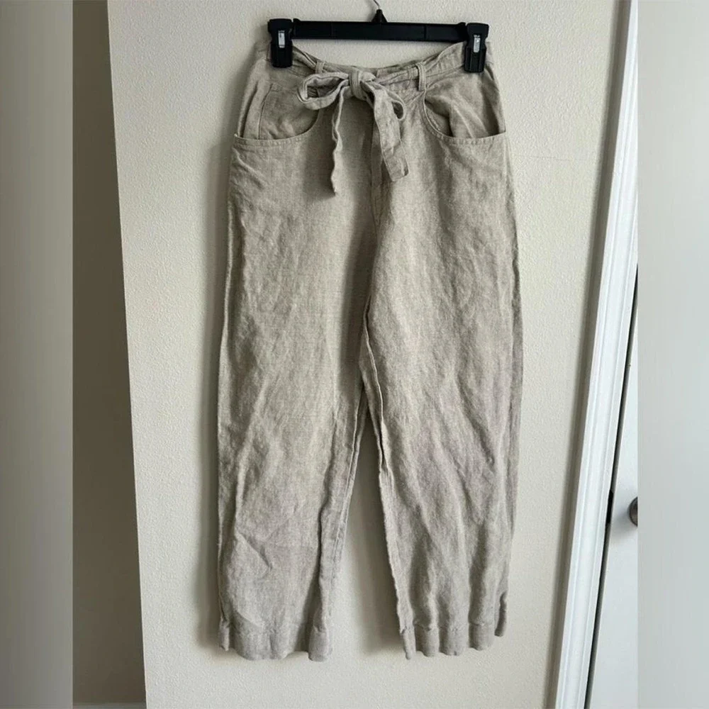 Banana Republic 100% Linen Wide Leg Pants Women's 4 Beige Tie Waist Coastal